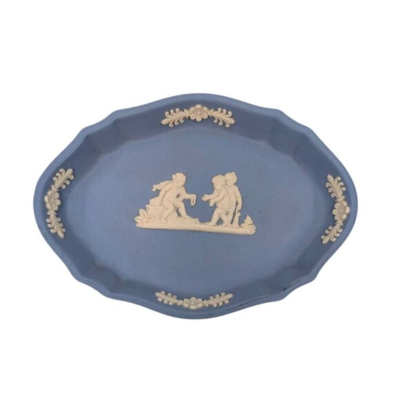 Vtg Wedgewood Jasperware Trinket Dish 77 Blue Oval Neoclassical Relief 4.5" - Picture 5 of 11